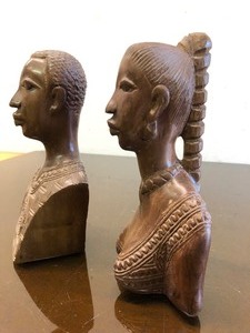lot 231 image: Pair of Vintage Man & Woman African Carved Wood Bust Sculptures