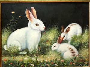 lot 314 image: Wonderful Original Oil on Canvas Painting wBunnies 