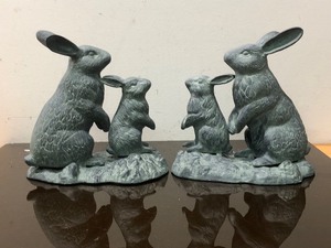 lot 357 image: Pair of Brand New in Box Verdigris Metal Rabbit Statues from The Smithsonian Catalog