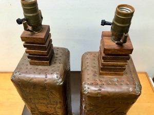 lot 7 image: Matching Pair of Large Riveted Copper & Oak Skyscraper Table Lamps