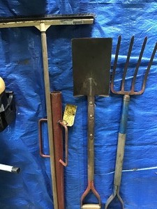 lot 42 image: Broom, Shovel, Post Pounder, & Pitch Fork