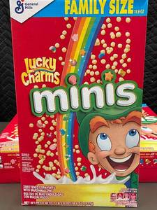 lot 39 image: Lot of 3 General Mills Lucky Charms Minis Family Size Cereal Boxes - 18.6 oz Each