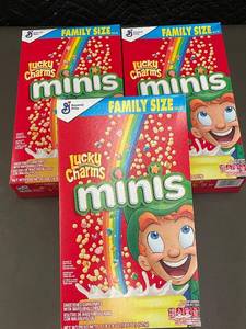 lot 379 image: Lot of 3 General Mills Lucky Charms Minis Family Size Cereal Boxes - 18.6 oz Each