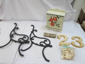 lot 180 image: Vintage cupboard, iron bench ends, ...