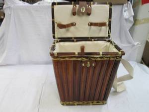 lot 204 image: Wooden basket with carrying strap...