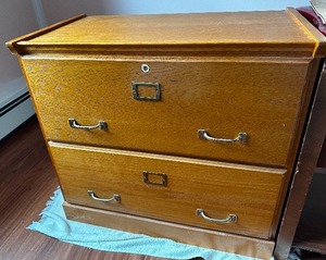 lot 12 image: Solid Wood Two Drawer Filing Cabinet Measuring 30 x 16 x 28