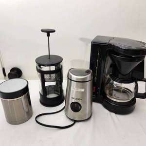 lot 37 image: Coffee Necessities, Small Gevalia Coffee Pot, Coffee Grinder, French Press, and Thermos