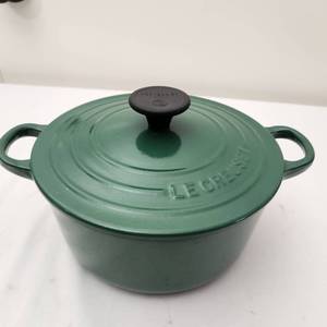 lot 46 image: Le Creuset France #18 Green Enameled Cast Iron Dutch Oven, Like New Condition