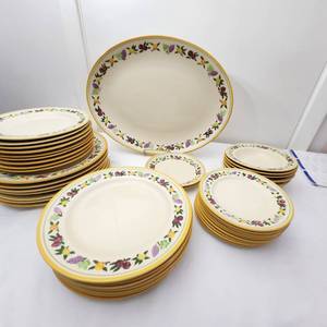lot 58 image: Vintage Franciscan Small Fruit Dinnerware Including 1 Large Platter, 7 Dinner Plates, 7 Salad Plates, 9 Breakfast Plates, 8 Dessert Plates, 6 Fruit Bowls, and 2 Saucers