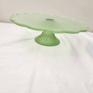 lot 64 image: Vintage Green Depression Uranium Glass Cake Plate Measuring 11 Inches Wide