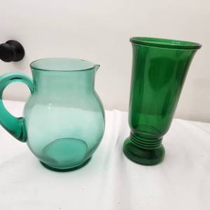 lot 65 image: MCM Green Glass Vase and Pitcher