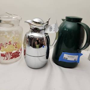 lot 67 image: Stainless Steel Insulated Coffee Carafe and Green Vintage Water Pitcher