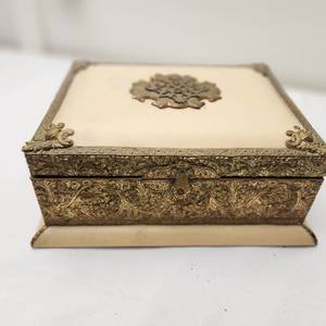 lot 72 image: Rare Antique Sewing Box with Original and Carved Tools, Box Has Gilded Gold Interior Lined with Red Velvet, Mirror in Pristine Condition