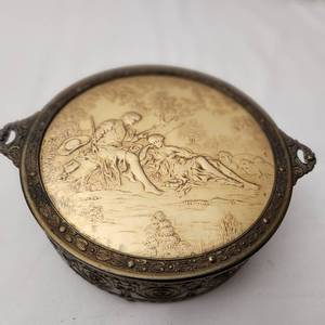 lot 74 image: Antique Three Piece Covered Nut, Candy Dish Repousse Brass Glass and Celluloid
