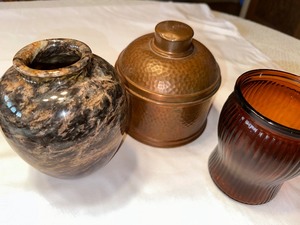 lot 202 image: Rose Stone Vase, Vintage Tin, And Vintage Dun-Rite Wood Nov Inc Duraglass Vase