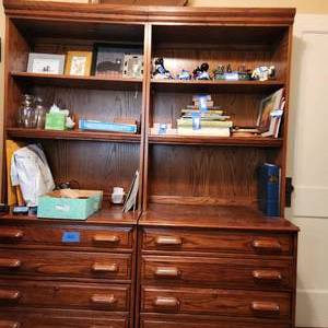 lot 227 image: Two Bookcases as seen in photo with three drawers including lower file drawer Measuring 32 x 21 x 78