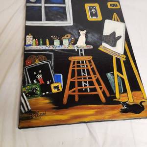 lot 299 image: Cat Painting By P. Pagayon 2006 Signed On Canvas Measuring 16 X 20