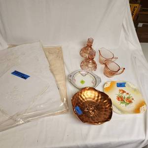 lot 292 image: Vintage Pink Depression, Glass, Creamers And Candlesticks Various Antique Plates And Eight Placemats And Eight Napkins And Four White Placemats And Napkins