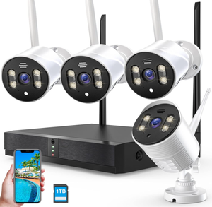 lot 303 image: 4PCS Security Camera NVR System 1080P Spotlight Color Night Vision WiFi Waterproof Surveillance Cameras