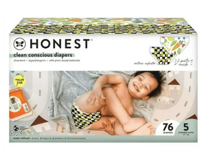 lot 515 image: 76 Diapers Size 5 The Honest Company, Clean Conscious Disposable Baby Diapers, So Bananas & So Delish Prints