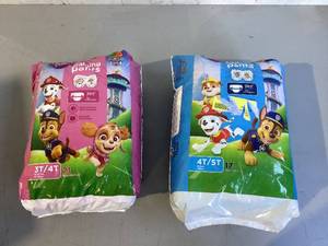 lot 518 image: Parents Choice Paw Patrol Training Pants for Boys, 4T5T, 17 Count and Parents Choice Paw Patrol Training Pants for Girls, 3T4T, 21 Count
