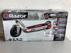 lot 536 image: Razor Black Label E100 Electric Scooter  SilverRed, up to 10 mph, 8 Pneumatic Front Tire, for Kids Ages 8
