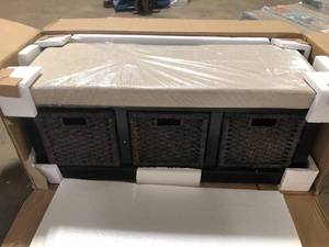 lot 29 image: Espresso Entryway Storage Bench with Removable Cushion and 3-Removable Classic Fabric Basket by Harper & Bright Designs   Customer Returns See Pictures