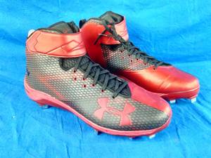 lot 186 image: Brand New Under Armour Bryce Harper One MID ST Cleats (1278699-016) RedBlack Size 13 $129.99 Retail