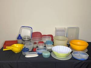 lot 67 image: Large Lot of Various Food Storage Containers - Variety of Brands and Sizes. 2 Yellow Strainers and MeasureMixing Bowl Included
