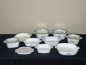 lot 70 image: Excellent Condition Glass Bakeware - White and White w Blue Design
