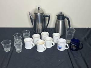 lot 78 image: Insulated Coffee Carafe, Metal Electric Kettle, Small Glass Cups and Coffee Mugs