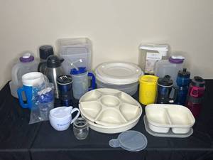 lot 82 image: Large Variety of To-Go or Travel Food and Drink Storage Containers inc. Insulated Coffee Carafe, Cereal Containers, Vegetable Tray Storage Container, To-Go Coffee Tumblers and More