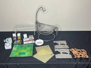 lot 83 image: Produce Holder, Colorful Glass Trays, Metal Cow Themed Trivets, Kitchen Timer and More