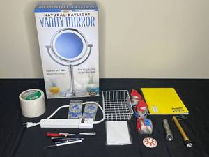 lot 95 image: Lot of Vanity Mirror and Office Supplies Including Tape, Power Strip, Flash Lights, Etc.