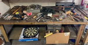 lot 52 image: Large Lot of Hand Tools, Hardware and Dart Board inc. Wrenches, Hand Cutters, Measuring Tape, Multi-Purpose Grease, Nails and Hardware, Hand Saw, Dart Board and Much More