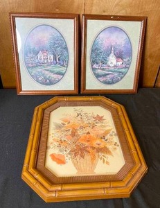 lot 208 image: Lot of 1 Framed Floral Artwork and 2 Matching Framed Church and Cottage Home Artwork