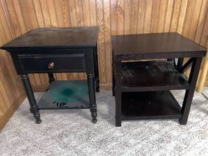lot 199 image: 2 Dark Brown End Tables, 1 w Storage Drawer and 1 w Storage Shelf