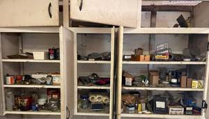 lot 53 image: Large Lot of Garage Items and Hardware inc. Paint Rollers, Screws, Valve Packing, Tape, Staple Guns, Joint Guard, Glue, and MUCH MORE