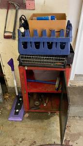 lot 62 image: Red Shop Cabinet, Hand Saw, Crates and More