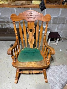 lot 164 image: Wooden Rocking Chair w Heart Design on Back Spine