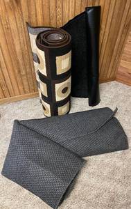lot 198 image: 3 Rugs - Runner - Black w Square Design, Industrial Rug and Very Large Charcoal Rug