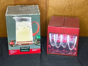 lot 167 image: Pfaltzgraff Winterberry Pitcher & 4 Lenox Red Stemmed w Embossed Garland Beverage Glasses Both in Original Boxes