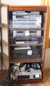lot 432 image: Solid Wood Components Rolling Cabinet wMagnetic Glass Doors and Adjustable Shelving