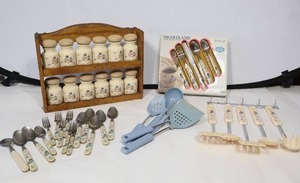 lot 649 image: Vintage Heartland International China Company Folk Art, Country Farm Spice Rack, Silverware Set Etc