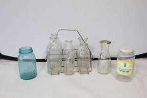 lot 666 image: Vintage Milk Bottles Carrying Case Basket Etc