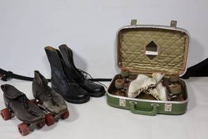lot 672 image: Vintage Suitcase Roller Skates Military Boots Etc