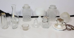 lot 698 image: Collectable Glass Jars and Milk Glass Etc