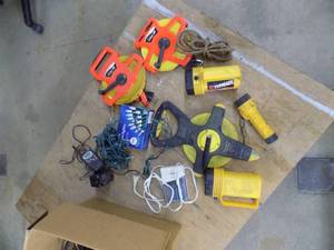 lot 83 image: Misc Box - Fiber tapes, Cables, Ever Ready Flash Lights, x-mas lights