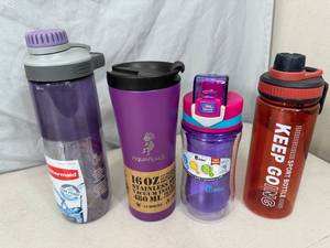 4 New Water Bottles and Stainless Travel Mug
