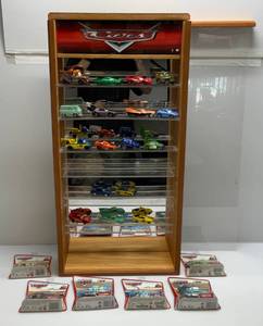 lot 38 image: Oak Sliding Acrylic Front Light Up CARS Display Case With Misc. Die-Cast Cars 16 L x 33H x 5 34 W